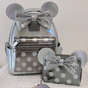 NEW Loungefly Disney 100 Minnie Mouse Platinum mini backpack and wallet set